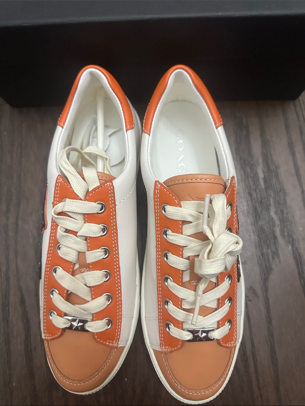 coach Leather Low-Top Sneakers in Orange and White